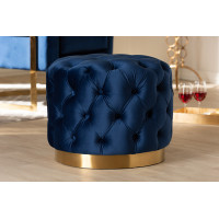 Baxton Studio TSFOT030-Dark Royal Blue/Gold-Otto Valeria Glam Royal Blue Velvet Fabric Upholstered Gold-Finished Button Tufted Ottoman